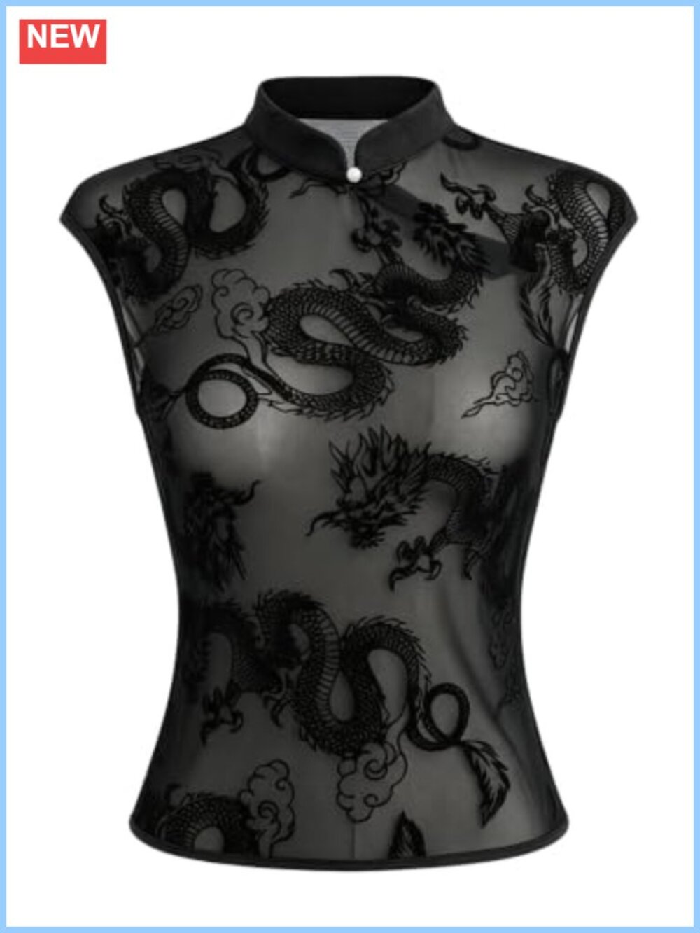 Sheer Mesh Mock Neck Cap Sleeve Graphic Top Slim Fit Party Tee